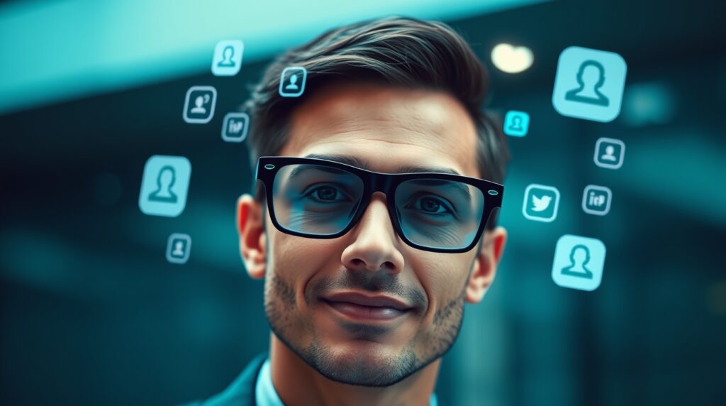 Handsome Boy using smart glasses for AR navigation in a busy city