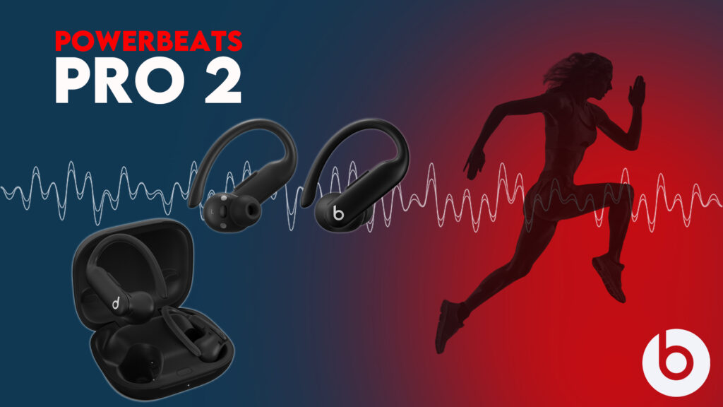pair of Powerbeats Pro 2 wireless earbuds in matte black, worn by a silhouetted runner mid-stride. Tech elements like sound waves, a heart rate graph, and a glowing charging case float in the background. Beats logo in the corner. Vibrant dark gray and neon orange gradient backdrop."