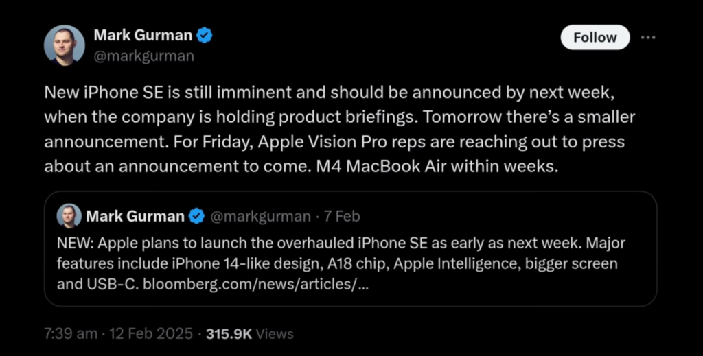 Bloomberg's Mark Gurman Tweets
iPhone SE4 2025