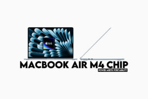 ‘MacBook Air M4 Chip in Midnight Blue with glowing processor and performance icons.’