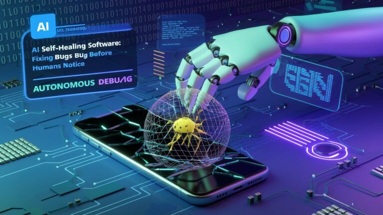 Futuristic AI hand repairing a cracked smartphone screen with glowing code and bugs trapped in a digital shield